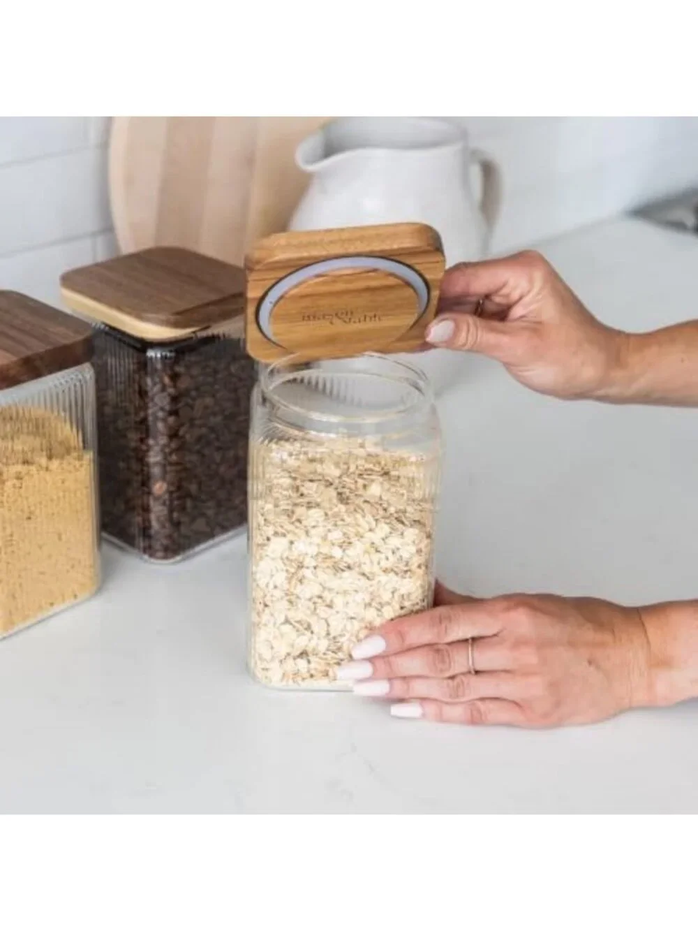Ribbed Glass Square Jars with Wooden Lids - Set of 3 Airtight Storage Canisters